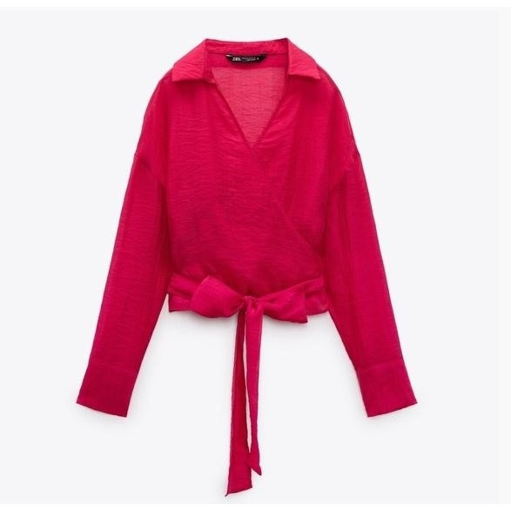 Zara Wrap Top Sz S Hot‎ Pink Semi-Sheer Collared Ballet Fairy Feminine Blouse